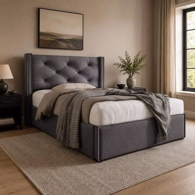 Letto contenitore singolo ULEVR 90x200 cm con sollevamento a cilindri e rete a doghe, cotone grigio
