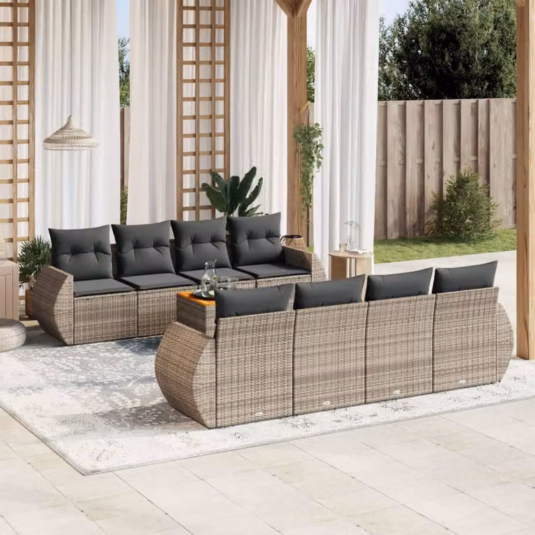 vidaXL Set Divano da Giardino 9 pz in Polyrattan Grigio con Cuscini e Tavolino
