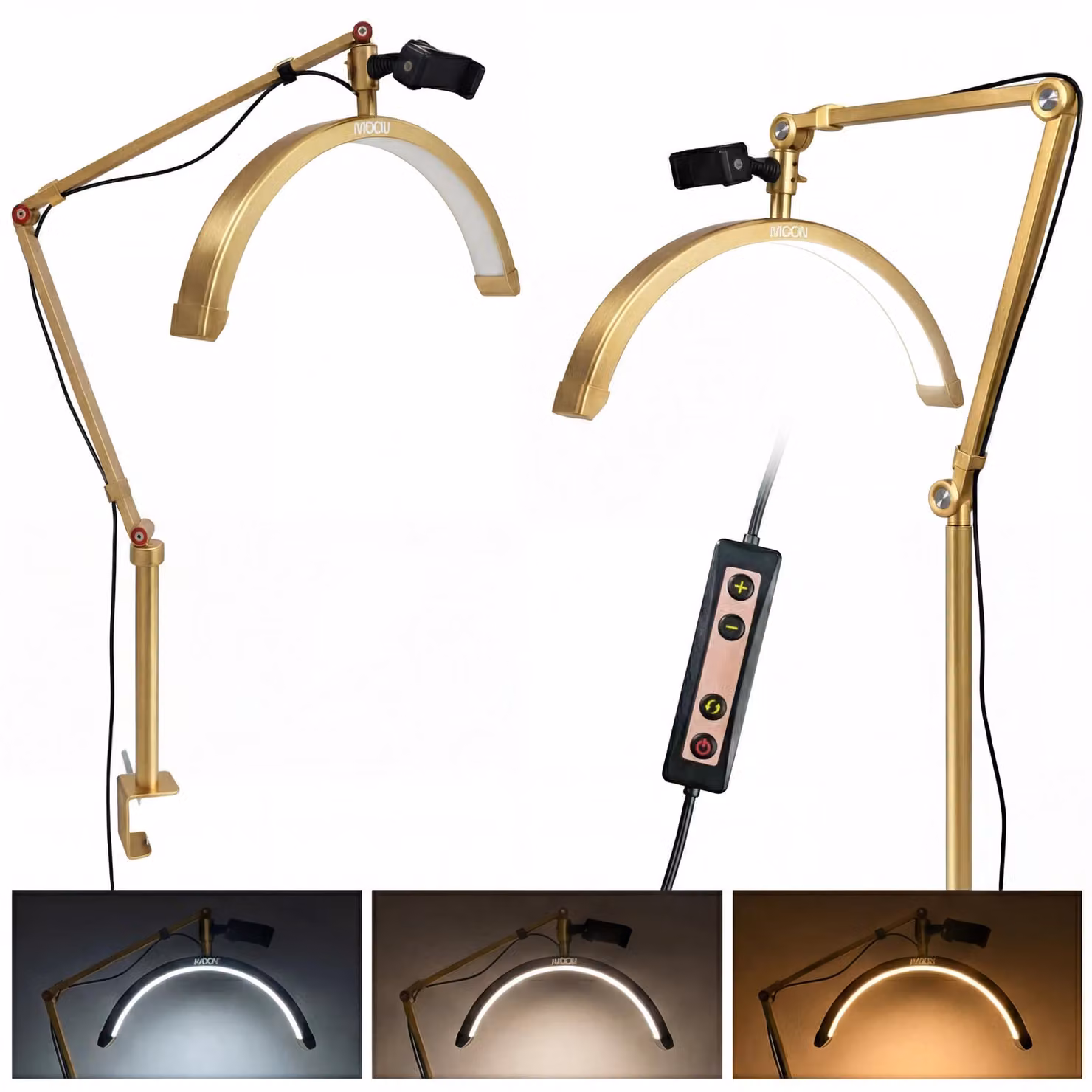 Lampada estetica Moon per extension ciglia LED senza ombre da scrivania con base a morsetto dorata