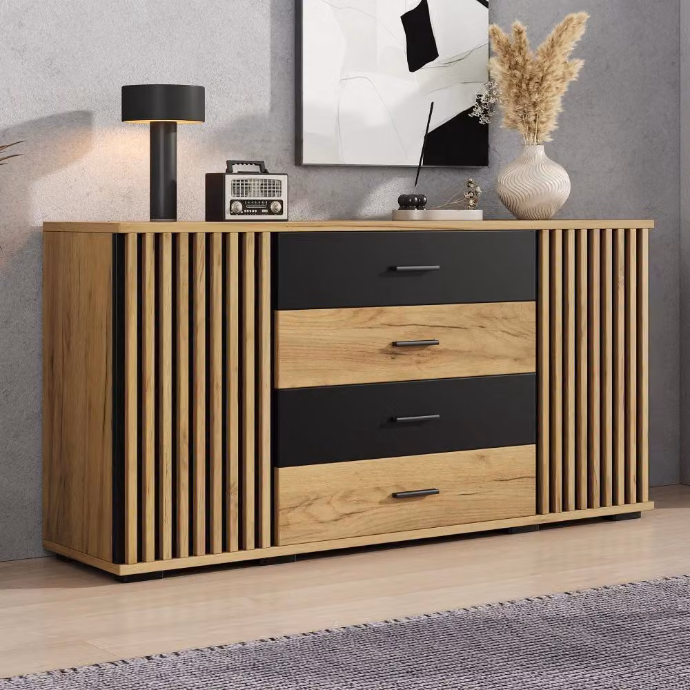 Mobile contenitore – Comodino con 4 cassetti e 2 ante – 140 x 35 x 70 cm – Design verticale con scanalature – Ripiani interni regolabili – Rovere nero