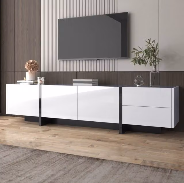 Mobile TV 190x45x35 cm; 3 ante e 2 cassetti; finitura lucida; truciolare bianco e nero