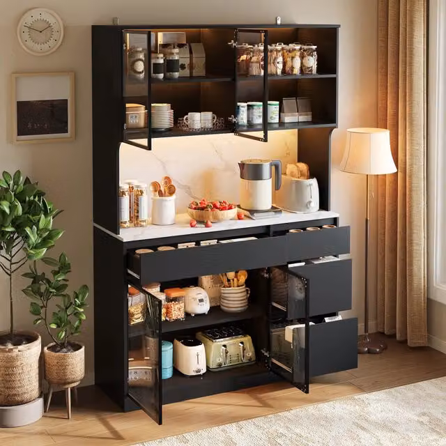 Credenza, mobile da sala da pranzo, finitura in marmo, MDF, ante in vetro, illuminazione a LED, nero e bianco