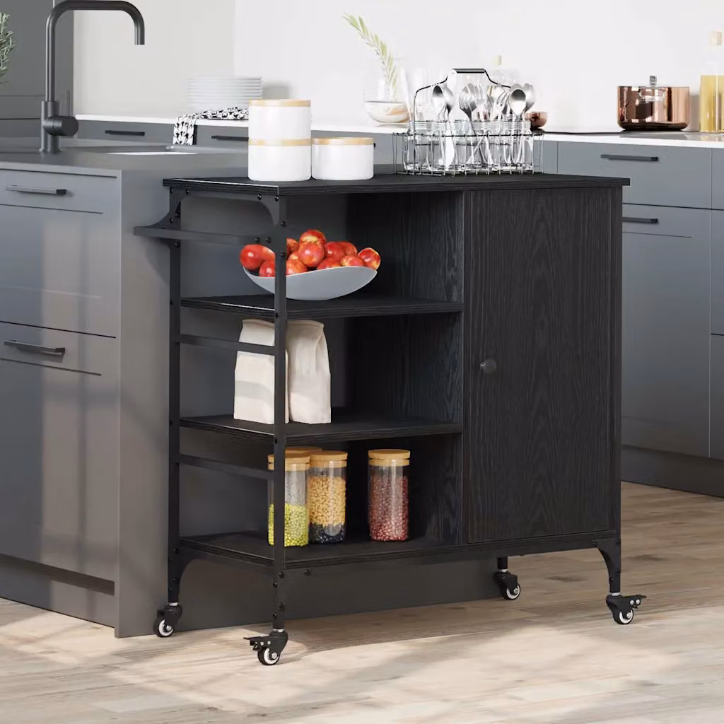 vidaXL Carrello da Cucina Moderno in Legno Nero con Ruote L 87,5 x P 39 x H 84,5 cm