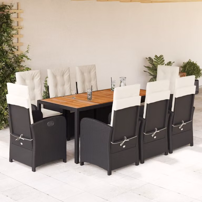 vidaXL Set da Pranzo da Giardino 9 pz in Polyrattan e Legno di Acacia con Cuscini Nero