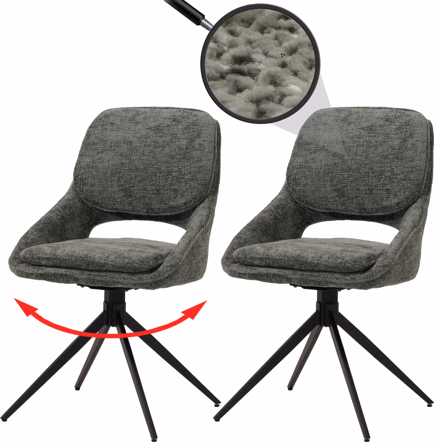 Set di 2 sedie da pranzo HWC-N73, sedia per cucina, girevole con ritorno automatico, rivestita in tessuto chenille (490g/m²), colore verde