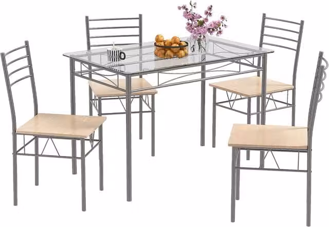Set Tavolo e 4 Sedie da Pranzo Moderno Costway con Tavolo Rettangolare in Vetro Trasparente e Struttura in Metallo