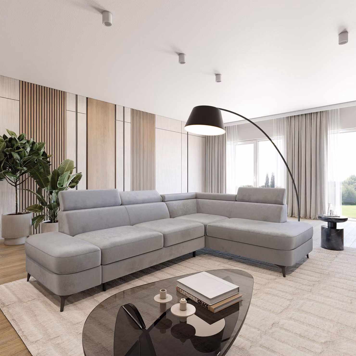 Divano ad angolo Masseno AVISE M R-S con funzione letto a L, divano con contenitore, divano da salotto, divano, divano letto, set divani - Grigio chiaro, MONOLITH 84