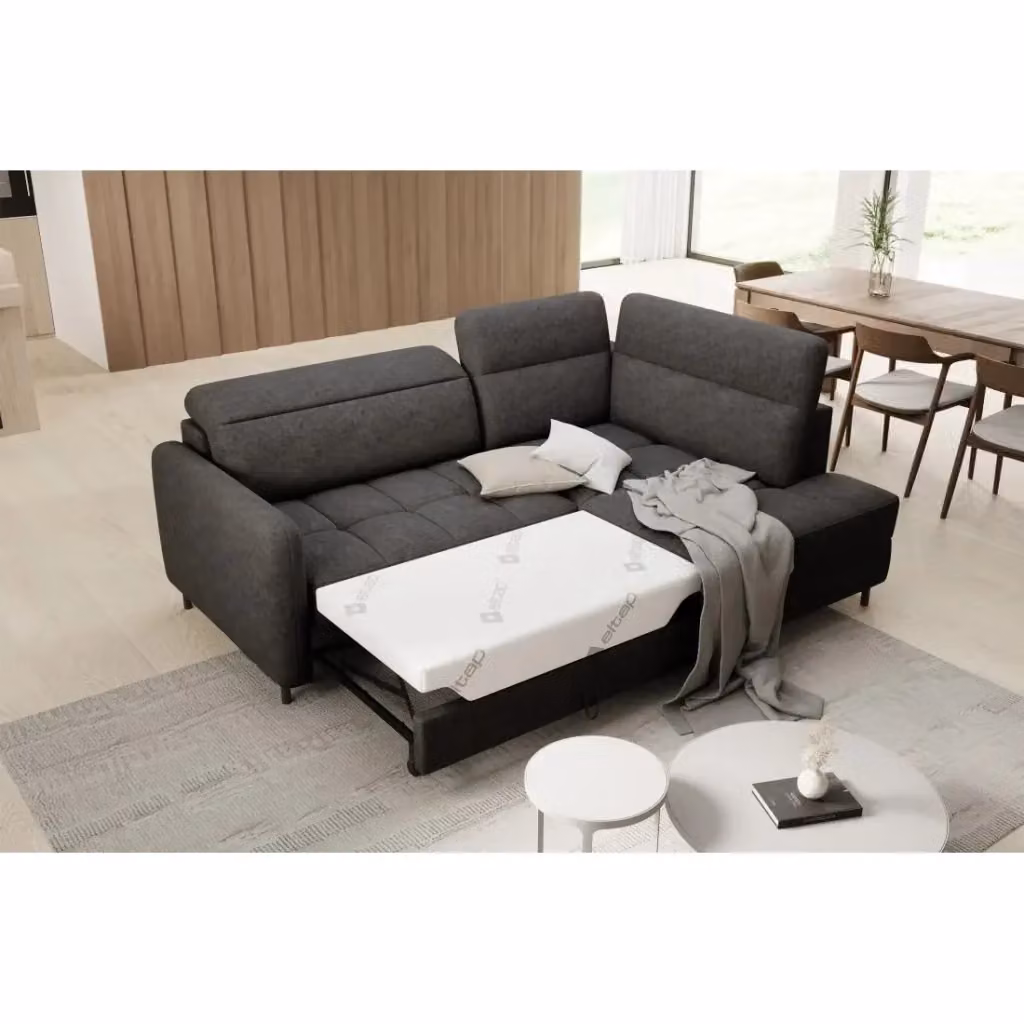 Divano angolare destro convertibile BARNEA di MEUBLORAMA in tessuto grigio con contenitore e poggiatesta regolabile, L 208 cm – 2