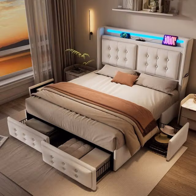 Letto matrimoniale imbottito 140 × 200 cm con LED, ricarica USB-C e 4 cassetti in cotone e lino beige