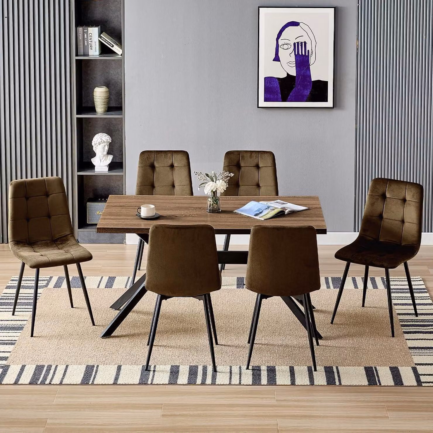 Tavolo da pranzo con 6 sedie, dimensioni 140x80 cm, legno color marrone scuro, sedie rivestite in velluto marrone, gambe in metallo