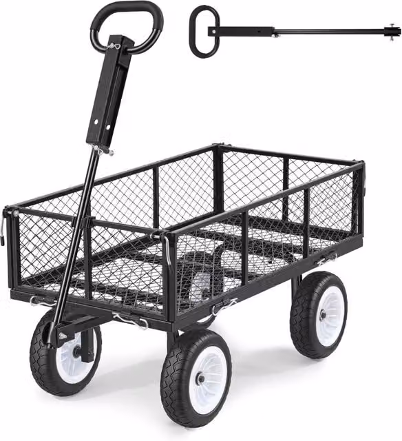 Carrello da Giardino per Trasporto TC-900B Robusto in Acciaio Carico Max 408,2 kg con Sponde Rimovibili e Pneumatici PU da 10 Pollici Nero