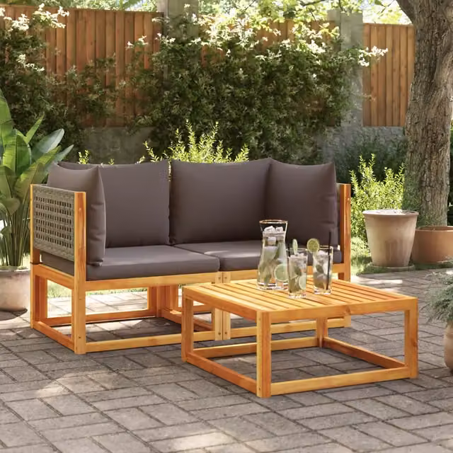Set di 2 Divani Angolari da Giardino vidaXL in Legno di Acacia e Rattan con Cuscini Grigi
