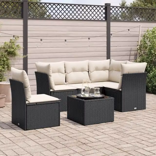 Set Divano da Giardino 6 pz con Cuscini Nero in Polyrattan 3249485