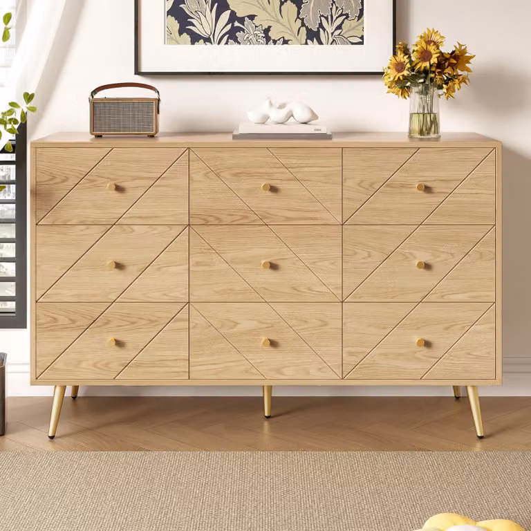 Credenza Fortuna Lai con 6 cassetti, gambe in ferro - Motivi geometrici e pratici pomelli - Robusta struttura in PB per camera da letto, soggiorno e corridoio