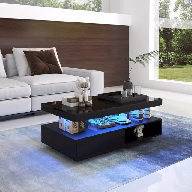 Tavolino da caff¨¨ ¨C Minimal ¨C nero lucido, con cassetti, piano vetro temperato, 95x50x42,5 cm per salotto soggiorno