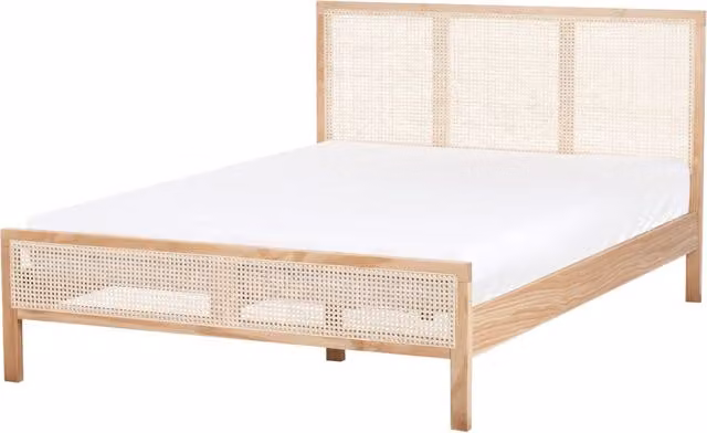Letto in legno di pino marrone chiaro 140 x 200 cm matrimoniale con testata a treccia viennese a doghe stile rustico minimalista