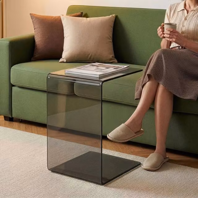 Tavolino Laterale Trölmapilu en.casa in Vetro Grigio con Forma a C L 60 cm x P 40 cm x H 40 cm – 1