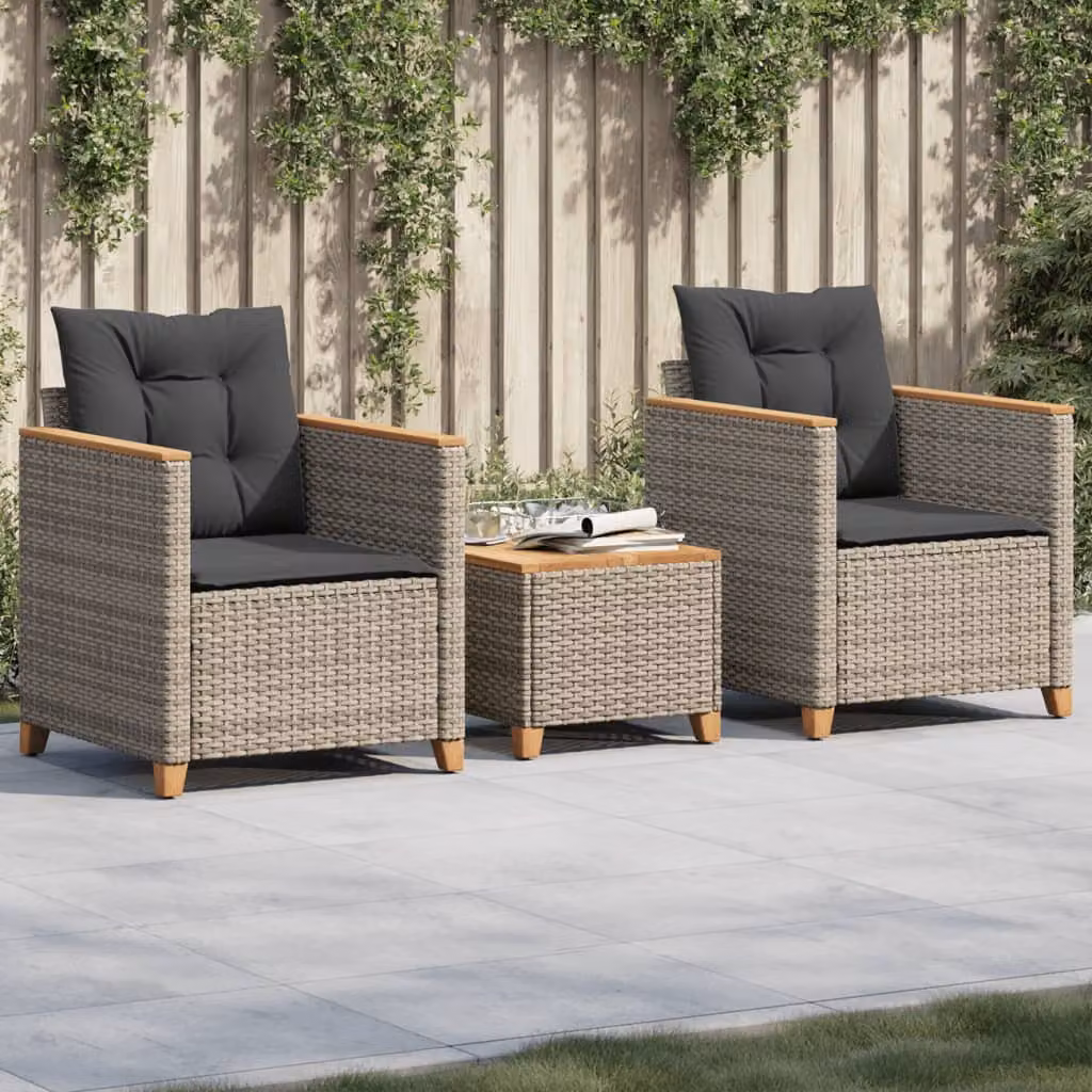 vidaXL Set da Bistrò 3 pz Moderno in Polyrattan Grigio con Cuscini e Legno di Acacia