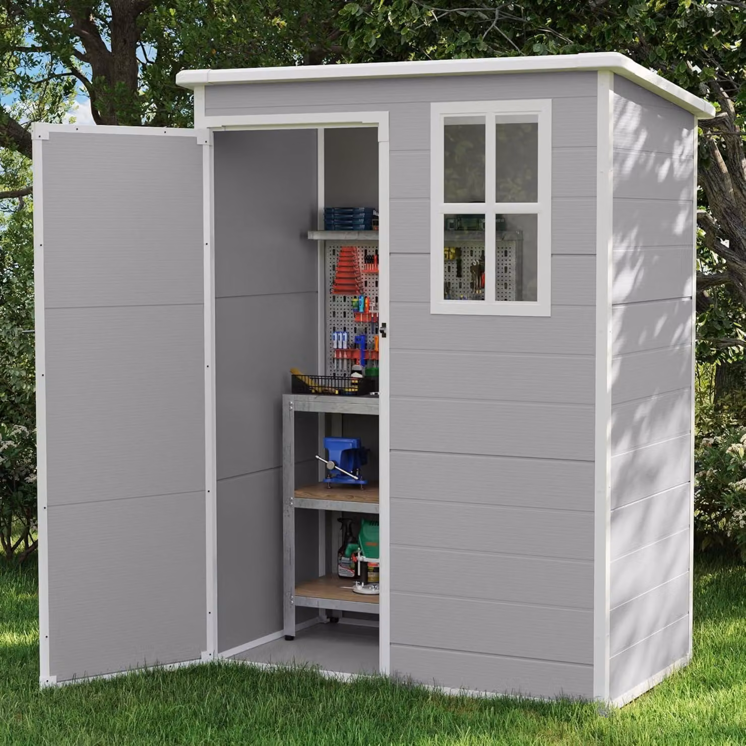 Casetta da giardino resistente alle intemperie, dimensioni 152 x 92 x 192 cm, realizzata in resina plastica, con porta con serratura, colore grigio e bianco
