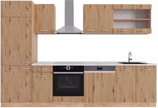 Cucina componibile moderna Vicco R-Line in rovere con piano in marmo, L: 300 cm – 1