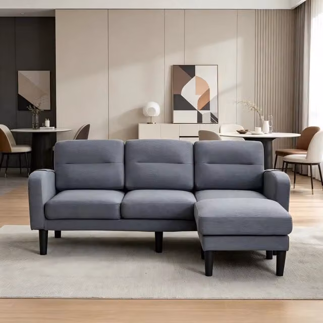 Divano Angolare a L REDOM Grigio in Tessuto con Chaise Longue e Cuscini, 3 Posti, L/P/H: 204 x 136 x 80 cm