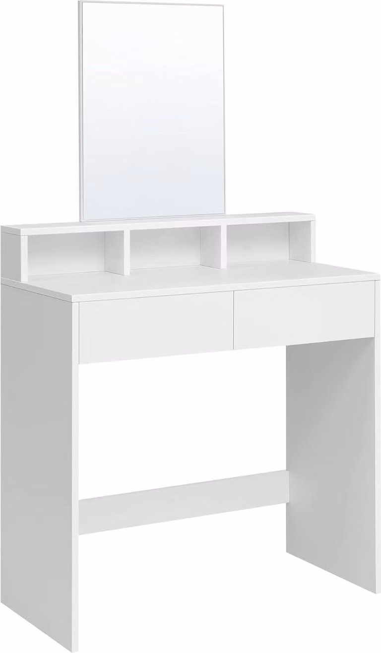 VASAGLE, tavolo da toilette con grande specchio rettangolare, tavolo da toilette con 2 cassetti e 3 vani a giorno, tavolo da toilette, stile moderno, bianco