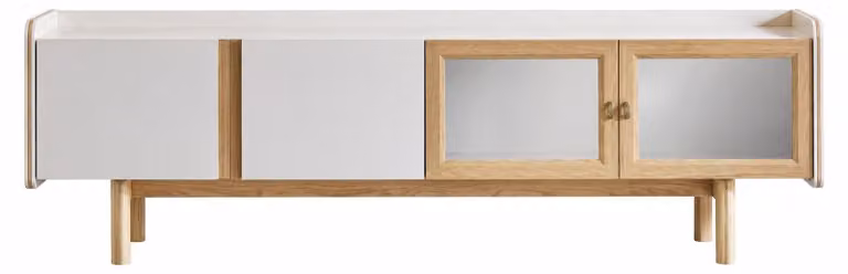 Moderno mobile TV con ante in vetro e gambe in legno dal design elegante