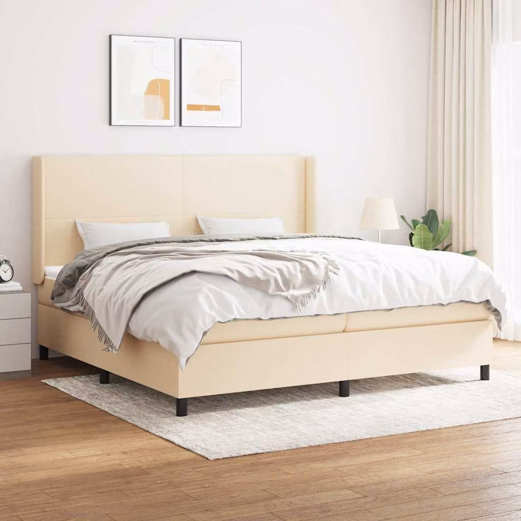 vidaXL Giroletto a Molle con Materasso Ibrido in Tessuto Beige e Bianco L/P/H: 200 x 200 x 23 cm