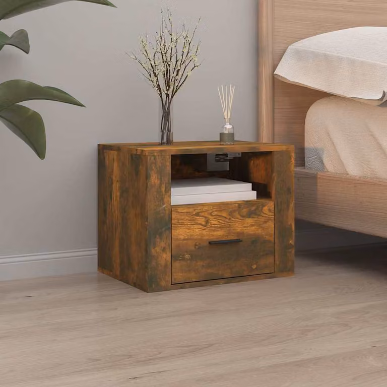 Comodino a muro moderno vidaXL in rovere fumo, L: 50 cm, P: 36 cm, H: 40 cm