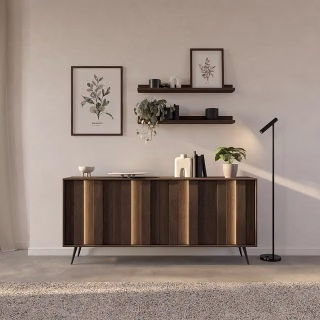 Madia Haga DMORA Credenza Moderna con 4 Ripiani e Illuminazione Integrata, Marrone Noce, L: 183 cm, P: 40 cm, H: 83 cm – 1