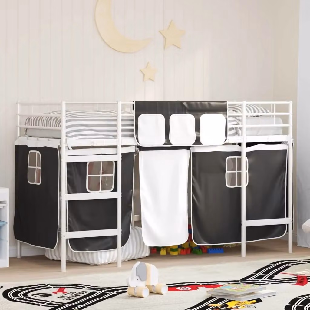 Letto Loft Singolo per Bambini DESIGN IN in Metallo con Scala e Tendine a Righe Bianco e Nero H: 194 cm, L: 80 cm, P: 190 cm – 2