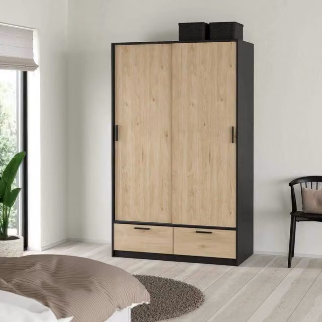 Armadio con ante scorrevoli DMORA per camera da letto, design moderno in legno e MDF, Nero e Rovere, L: 121 cm, P: 60 cm, H: 200 cm – 1