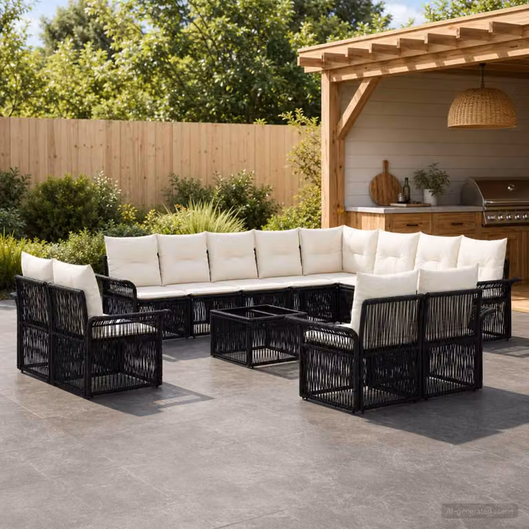 Set Divano da Giardino a L vidaXL 13 pz Nero e Bianco Crema con Poltroncine, Tavolino e Cuscini Imbottiti in Polyrattan e Metallo