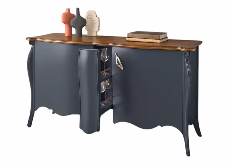 Madia credenza shabby chic Mobili 2G con 2 porte e 1 carrello estraibile in legno grigio e noce L: 165 cm, P: 52 cm, H: 88 cm