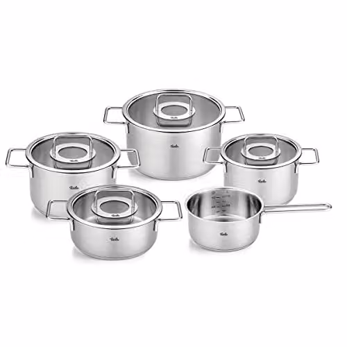 Fissler Pure Collection - Set di pentole in acciaio inox, 5 pezzi, pentole con coperchi in vetro (3 pentole, 1 padella, 1 casseruola), compatibile induzione