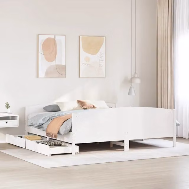 Letto matrimoniale vidaXL in legno massello di pino bianco con cassetti stile rustico L/P/H: 205.5 x 180 x 151 cm