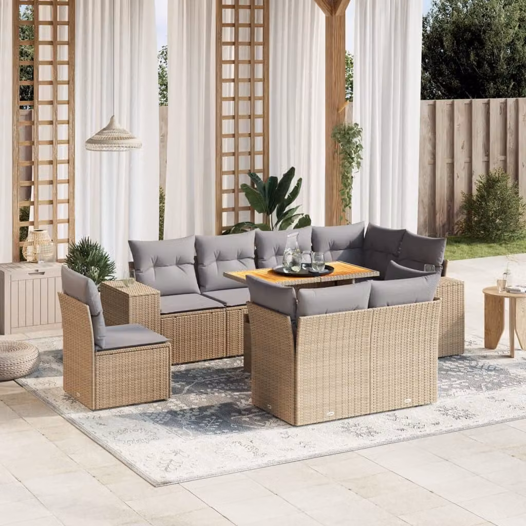 vidaXL Set Divano da Giardino a L 9 pz in Polyrattan con Cuscini Beige e Tavolino da Esterno – 1