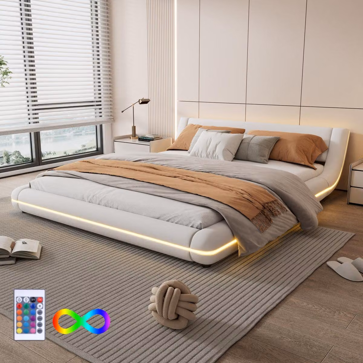 Letto a spalla bassa 160×200 cm, base a terra, PU, illuminazione d'ambiente a LED, bianco