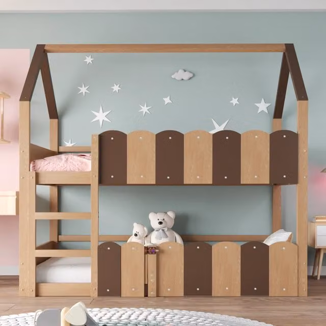 Letto a castello per bambini 90 × 200 cm con barriere rialzate e porta apribile, senza materasso, legno naturale