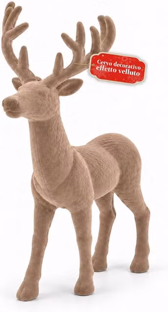 Statuina Renna Decorativa Saint Joy con Effetto Velluto, Design Moderno per Natale, Colori Beige e Marrone, H 44 cm x L 33 cm