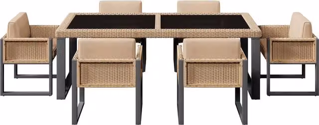 Set da giardino moderno GL Store composto da 1 tavolo rettangolare con piano in vetro temperato e 6 sedie in polyrattan, colori Marrone e Nero