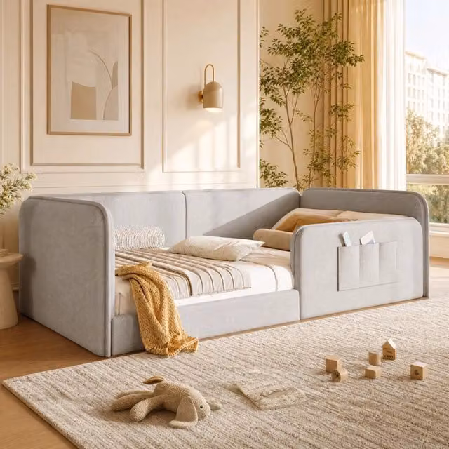 Letto a piattaforma 90x200 cm con rivestimento in lino beige e bordo imbottito di sicurezza