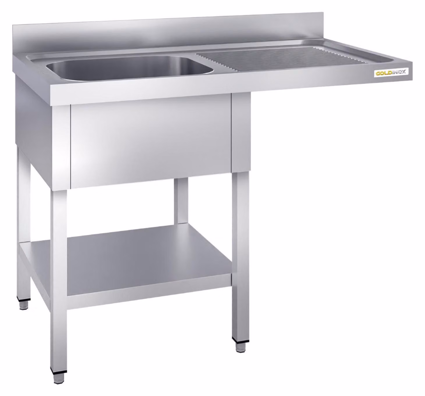 Lavello per lavastoviglie in acciaio inossidabile, con un vano, dimensioni 1200x700 mm, con scolapiatti integrato a destra, modello PREMIUM - GOLDINOX