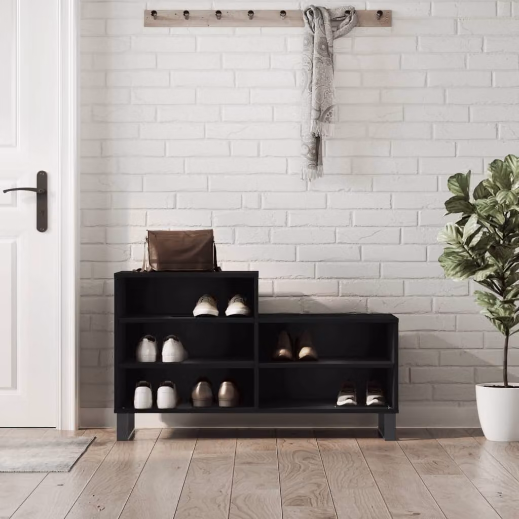 Scarpiera moderna vidaXL nera con ripiani piatti in legno e metallo, da appendere a parete, L 102 x P 36 x H 60 cm