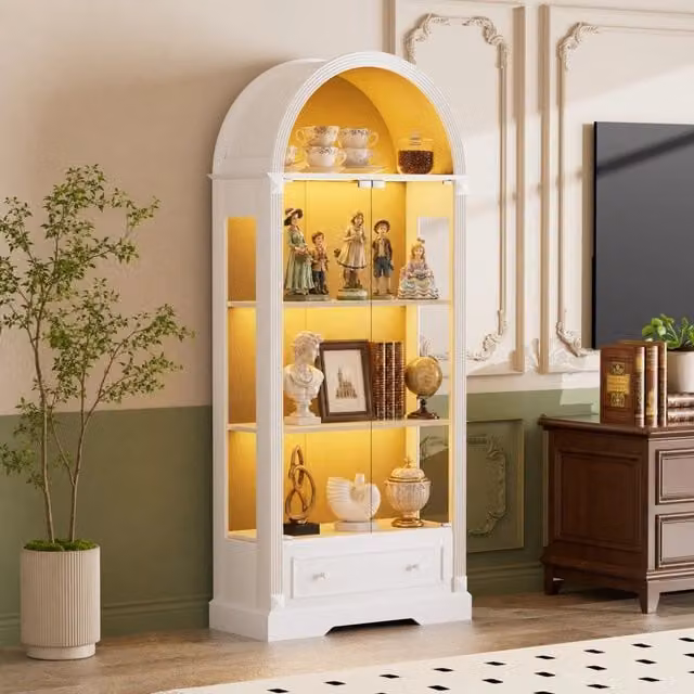 Vetrina alta 180 cm ad arco, credenza cucina con ante in vetro, strisce LED e cassetti, stile country moderno per soggiorno/cucina/sala da pranzo, bianca