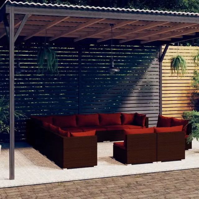 Set di divani da giardino a forma di U vidaXL con cuscini marroni e rossi in rattan e struttura in metallo per terrazzo o balcone – 1