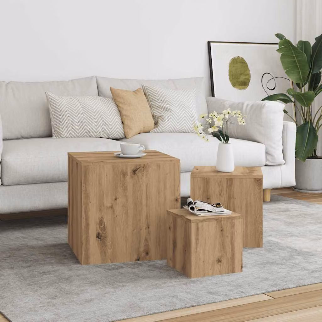 Set di 3 tavolini vidaXL in legno multistrato color marrone con finitura opaca e design classico per soggiorno o camera da letto