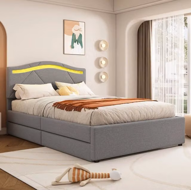 Letto imbottito singolo 90×200 cm con LED, 2 cassetti e rete a doghe grigio