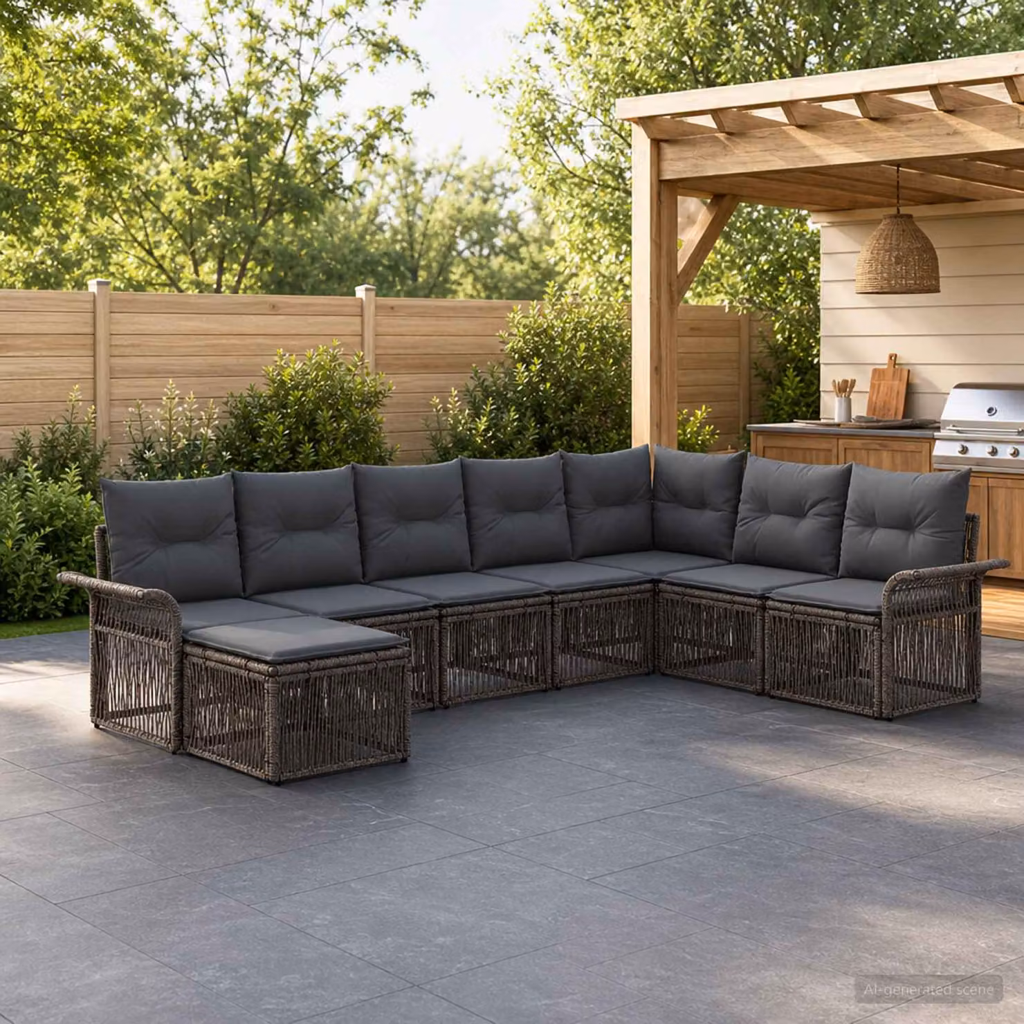 Set Divano da Giardino vidaXL 8 pz Grigio con Poltrone, Elementi Angolari e Pouf in Polyrattan e Acciaio con Cuscini Imbottiti