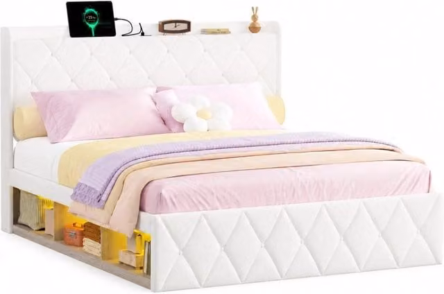 Letto matrimoniale imbottito Chicfurn bianco con porta USB, luci LED e ripiani laterali, L/P: 160 x 200 cm